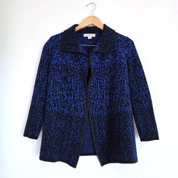 Laura Ashley Wool Blend Knit Open Front Cardigan Jacket Blue Black Sweater Coat - Picture 1 of 10